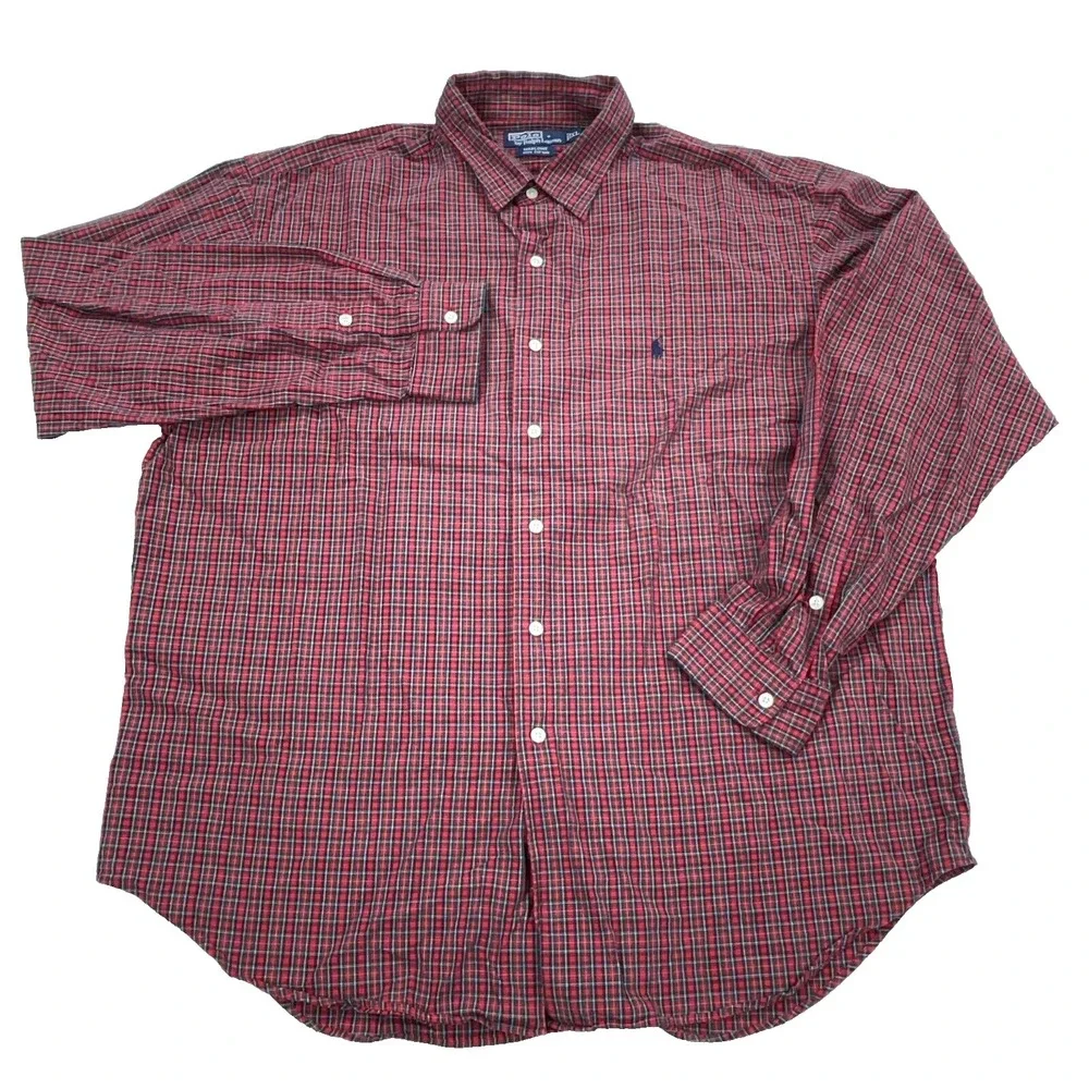 Polo Ralph Lauren Shirt Men XL Red Blue Button Up Plaid Dress Marlowe Tartan A39